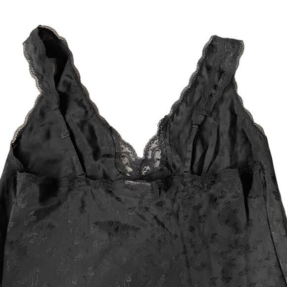 Vintage 1970s Barbizon Slip Dress Midi Lace Trim Floral Vines Black L EUC - Picture 7 of 13